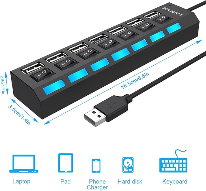 Multi Port Splitter, 7 Port USB 2.0 Hub, USB A Port Data Hub with Independent On/Off Switch and LED Indicators, Lights for Laptop, PC, Computer, Mobile HDD, Flash Drive and More (Black 2.0)