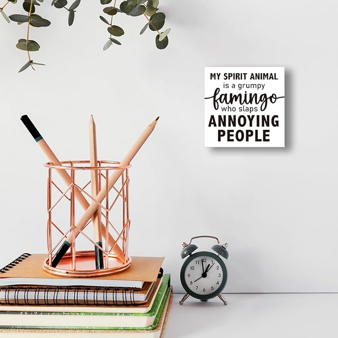 Funny Office Wood Box Sign - "Grumpy Flamingo Spirit" Wooden Block Sign, 5x5x1 Inch Whimsical Desk Decor for Sassy Female Professionals