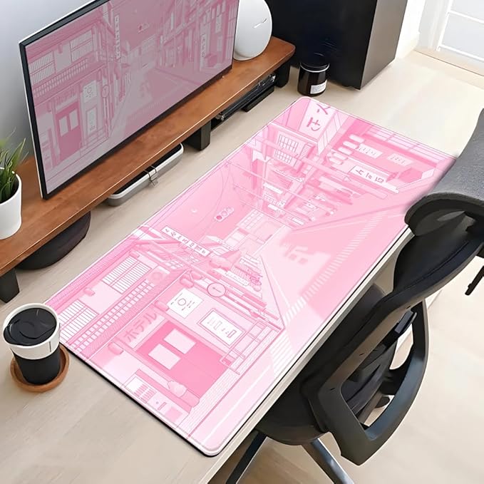Pink Desk Mat Tokyo Street Desk Mat Anime Japanese Mouse Pad XL Kawaii Large Gaming Mousepad XXL, Cute Desktop Mat Laptop Keyboard Mouse Mat Desk Pad Big 31.5x15.7 in with Stitched Edges Non-Slip