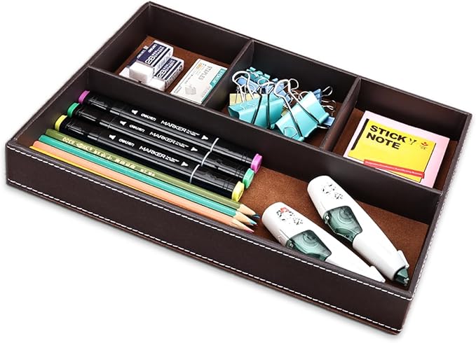 KINGFOM Pu Leather Desk Organizer Tray, 4 Compartment Office Storage Supplies Stationery Drawer Tray, Nightstand Bedside Tray for Key, Wallet, Watch, Coin, Phone Valet Tray Stackable