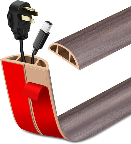 Floor Cord Cover Self Adhesive Cord Hider Floor Extension Cord Covers for Floor Power Cord Protector Cable Management Prevent Cable Trips Cable Cavity 0.47" W x 0.27" H (Brown Walnut Wood, 3.3Ft)