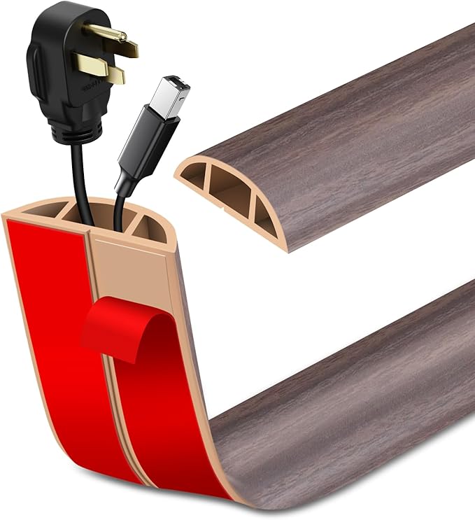 Floor Cord Cover Self Adhesive Cord Hider Floor Extension Cord Covers for Floor Power Cord Protector Cable Management Prevent Cable Trips Cable Cavity 0.47" W x 0.27" H (Brown Walnut Wood, 10Ft)