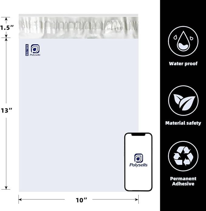 POLYSELLS 500 pcs 10x13 Inches White x Silver Poly Mailers Shipping Envelopes, Strong Adhesive Sealing, Waterproof, and Tear-resistant Postal Mailing Bags for Clothing, Books, and Accessories