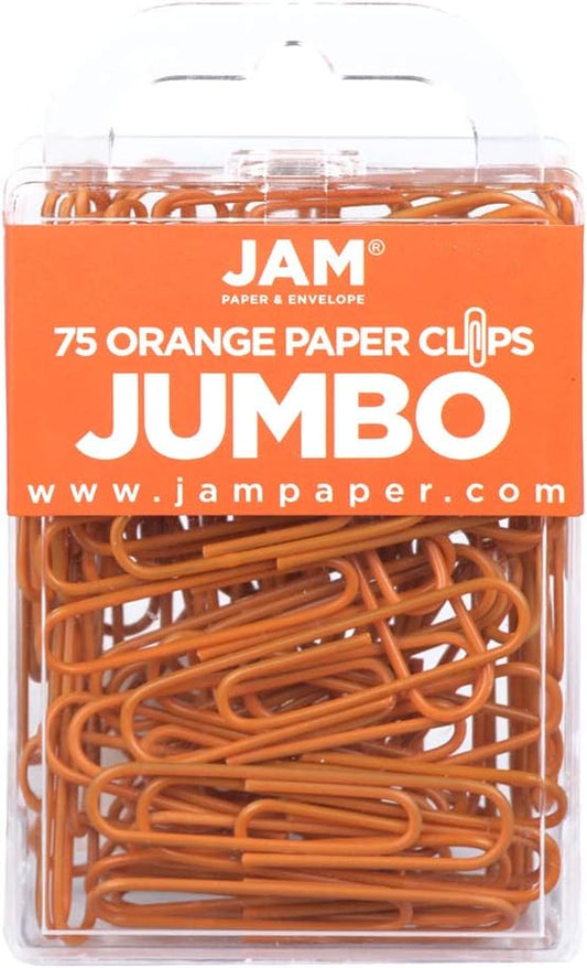JAM PAPER Colorful Jumbo Paper Clips - Large 2 Inch - Orange Paperclips - 75/Pack