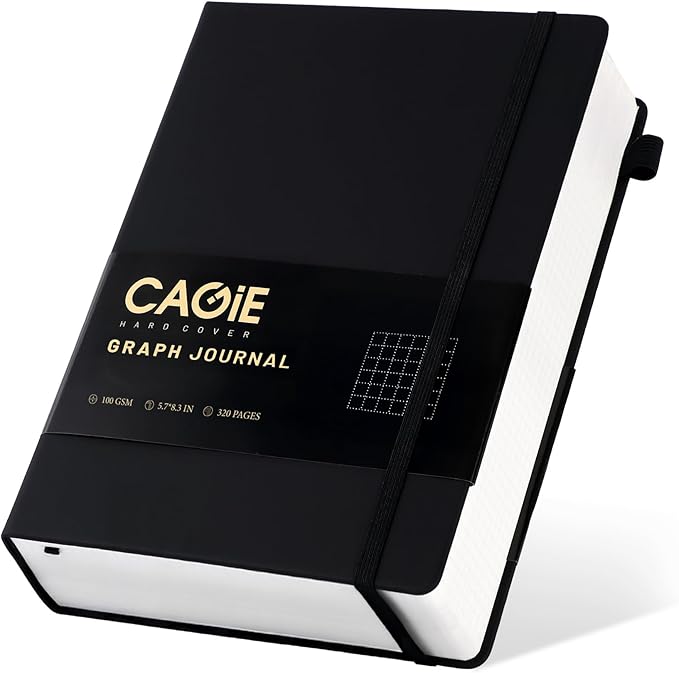 CAGIE Graph Notebook 320 Pages 100 GSM Paper Graphing Grid Journal A5 Hardcover Leather Quad Ruled Notebooks for Engineering, Math, Work, Black