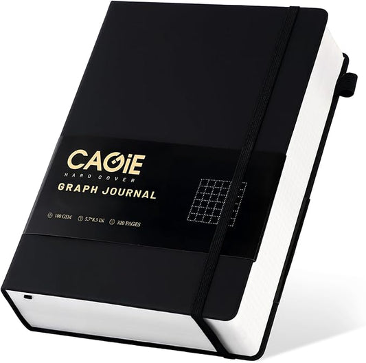 CAGIE Graph Notebook 320 Pages 100 GSM Paper Graphing Grid Journal A5 Hardcover Leather Quad Ruled Notebooks for Engineering, Math, Work, Black