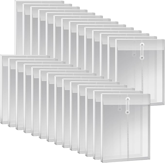 50 Pcs A4 Size Clear Plastic Poly Envelopes with String Closure, Expandable Files Document Folder, Reusable Large Capacity File Bag for School Office and Home(50 Pcs)