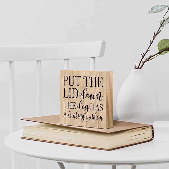 Funny Bathroom Quotes Dog Decor Home Toilet Humor Wooden Box Sign for Bedroom Dining Room Farmhouse Tabletop Bookshelf Wall Decor Wood Color