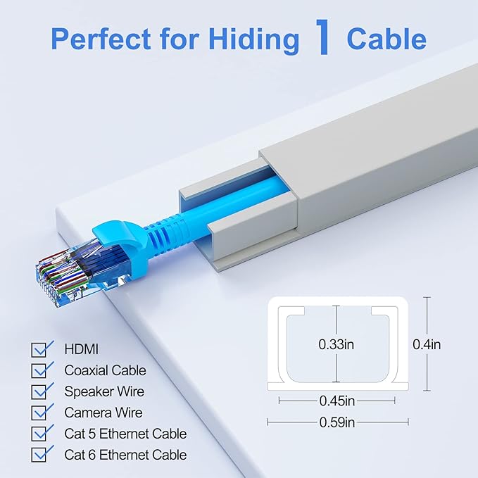 Yecaye Cord Hider, 113in Grey Cord Covers for Wires on Wall, One-Cord Cord Organizer, Easy Install Cable Management Kit, Wire Cover Home Office, W0.59in H0.4in, Grey