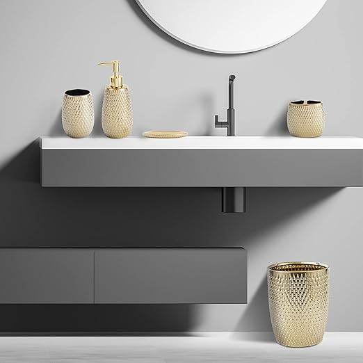 Modern Golden Small Trash Can Wastebasket, Garbage Container Bin for Bathrooms, Powder Rooms, Kitchens, Home Offices - Durable Ceramics - Round