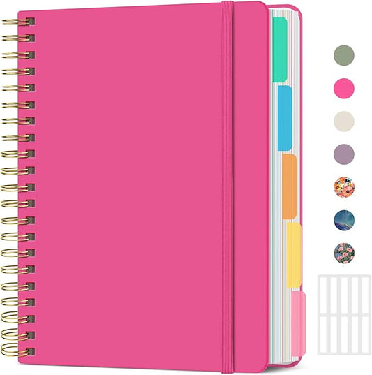 Hardcover Spiral Journal Notebooks for Work With Removable Dividers & Tabs, 8.5"x11" 5 Subject Notebook for Note Taking & Organizer, A4 College Ruled Lined Journal for Women & Writing, Berry Pink, 280 Pages