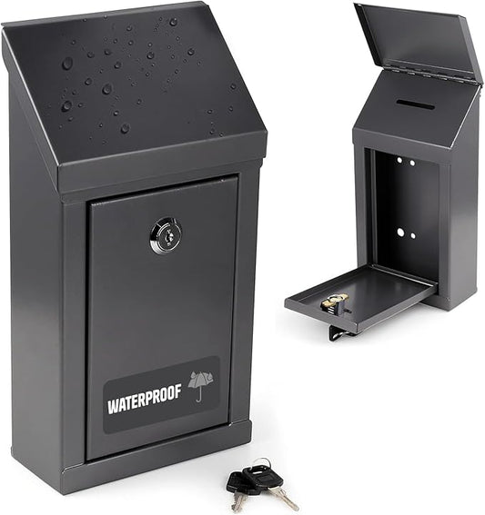 Metal Donation Box-Suggestion Box with Slot and lock-Cash Lock box for Money-Waterproof Drop Box-Comment and ballot voting box-comes with pre-drilled holes for easy wall mounting 10 X 6 X 2.5"(Gray)