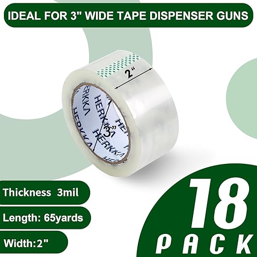 HERKKA Clear Packing Tape, 18 Rolls Heavy Duty Packaging Tape for Shipping Packaging Moving Sealing, 3Mil Thick Clear Packing Tape, 2 inches Wide, 65 Yards Per Roll, 1170 Total Yards