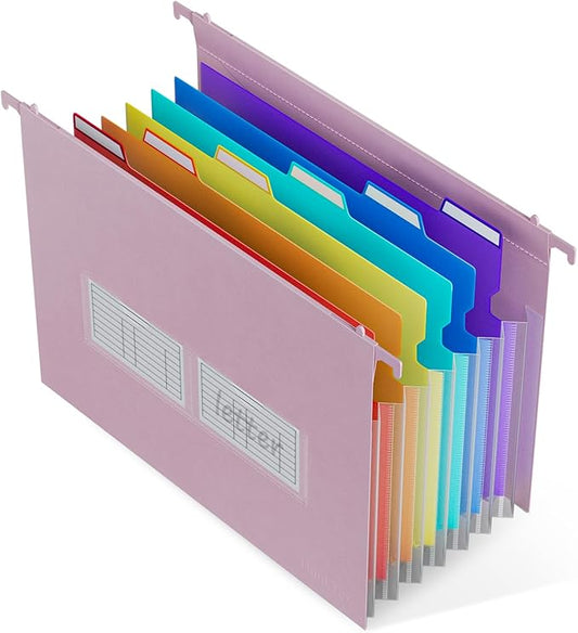 ThinkTex Plastic Expanding Hanging File Folders, 7 Innovative 1.2" Accordion Pockets, Large Capacity, Multi-Color Tabs, Letter Size for Filing Cabinet - Purple