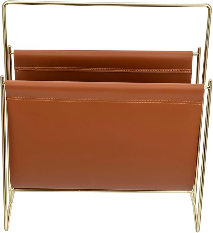 MyGift 13 inch Modern Caramel Leatherette Magazine Holder Floor Standing Sling Style Rack with Brass Tone Metal Frame