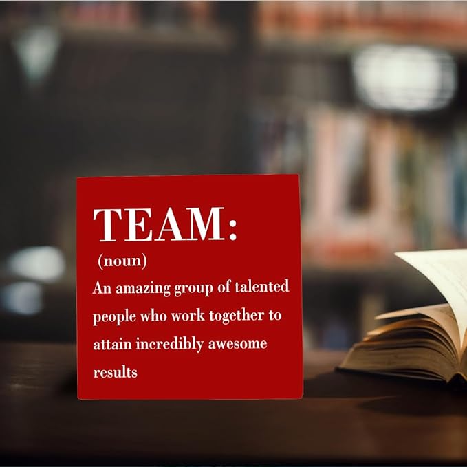 HTBIG Inspirational Team Noun Office Decor Desk Decor Wooden Box Sign, Rustic Black Wood Plaque Box Sign for Home Office Desk Shelf Table Decoration Coworker Gift Team Sign, Red