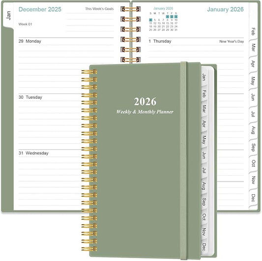 2026 Pocket Planner/Calendar - Planner from January 2026 - December 2026, Planner 2026 with 12 Tabs, Twin-Wire Binding, Inner Pocket, 3.75" x 6.75", Green