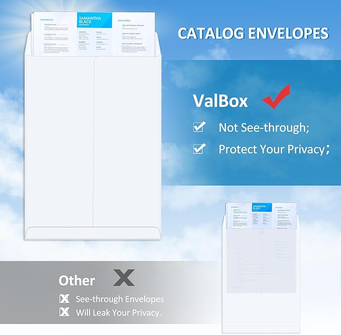 ValBox 6x9 Self Seal Security Catalog Envelopes 250 Count Small White Envelopes for Mailing, Storage and Organizing