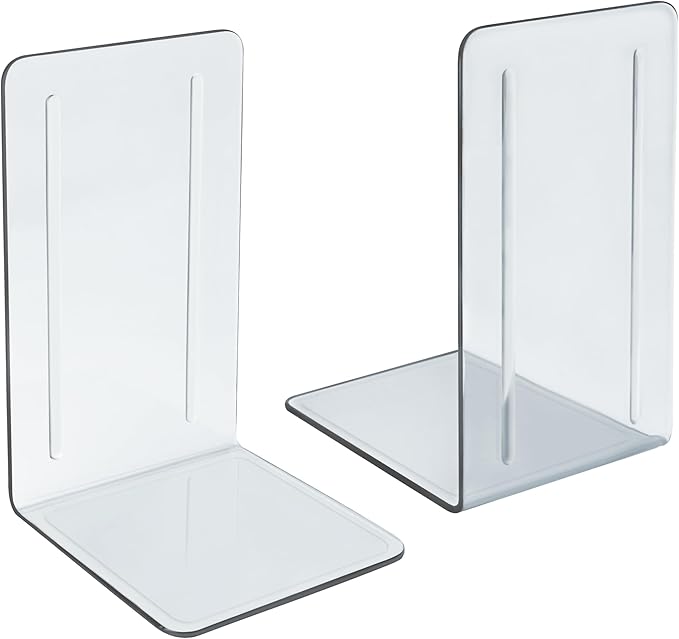 Acrimet Bookends 1 Pair, Clear Plastic Bookends for Shelves or Desktop, Book Holder for Home, Office, Library, School (Clear Crystal Color)