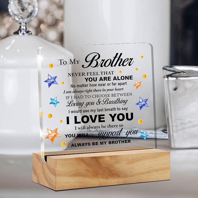 Bifez Brother Decorative Signage, Acrylic Desk Plaque with Wood Stand, 4x4 inches, Meaningful Gift for Home & Office
