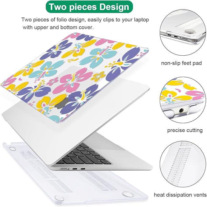 for MacBook Air 13.6 inch Case 2025 M4 A3240 2024 M3 A3113 2022 2023 A2681 M2 Chip, Crystal Plastic Pattern Hard Shell Case Cover for Mac Air 13 M4 2025 Touch ID, Colorful Hibiscus Flower