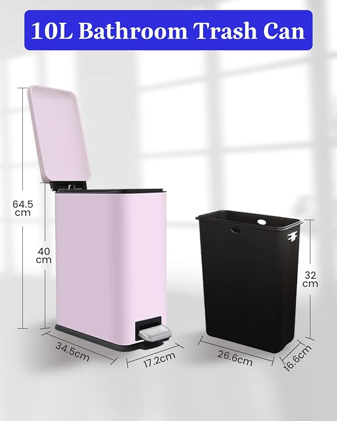 Rubbish Bin with Lid, 10 L, Stainless Steel Bathroom Waste Bin, Small Waste Bin, Pedal Bin, Stainless Steel for Bathroom, Bedroom and Office, Pink