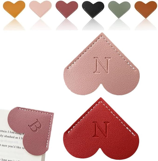 Personalized Leather Heart Bookmark, 26 Letters Customized Corner Book Mark for Reading Women, Book Marker with Initials，Cute Gifts (Red+Light Pink, N)