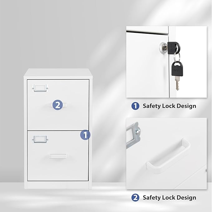 2 Drawer Vertical File Cabinet with Lock, White Metal, Under Desk, Easy Assemble