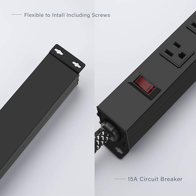 Metal 8 Outlet Mountable Power Strip with Switch,Wide Spaced Heavy Duty Wall Mount Power Strip Surge Protector 1200J,3FT 14AWG Braided Cord 15A 125V 1875W for Home Office Industrial Garage Commercial