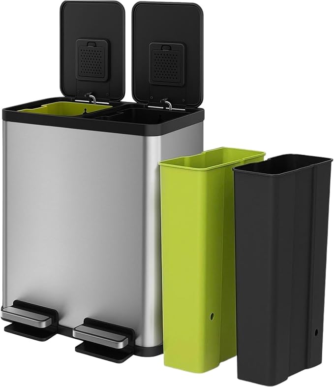 Simpli-Magic 16 Gallon (30L x 30L) Dual Compartment Step Trash Can – Kitchen Garbage Can with Slow-Close Lids – Waste & Recycling Bins, Odor Control, Hands-Free, Easy to Clean, Stainless Steel