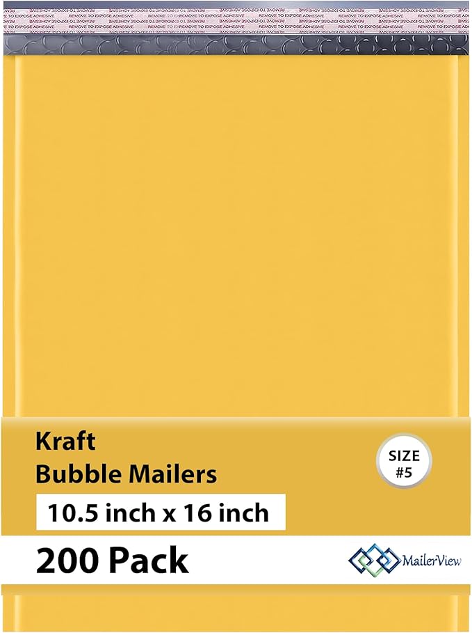 Kraft 10.5x16 Large Bubble Mailers #5 | Self Seal Padded Envelopes | Air Lined Cushioned Yellow Bubble Mailer | Usable Size 10.5x15 | 200 Pack Bulk | Lightweight shipping Bags | Made in USA