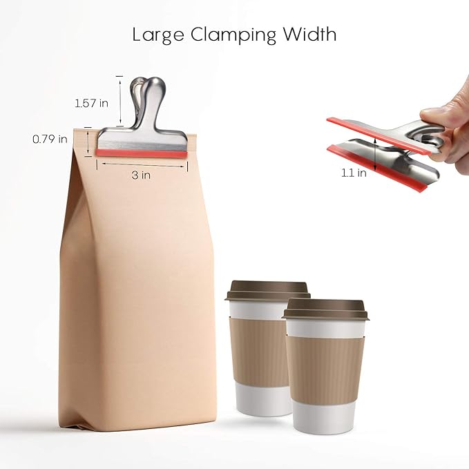 HOUSE AGAIN 12 Pack Stainless Steel Chip Bag Clips Covered with Silicone - NO More Sharp Edges - Color Coded for Food Bags - Air Tight Seal, Heavy Duty for Kitchen and Office, 3 Inches