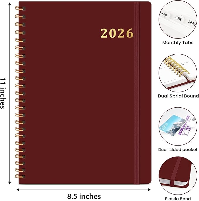 2026 Planner 8.5" x 11", Weekly and Monthly Calendar Planner Book, January 2026 - December 2026, Hardcover Spiral Planner with Monthly Tabs, Notes Pages, Perfect for Women & Men, A4 - Burgundy