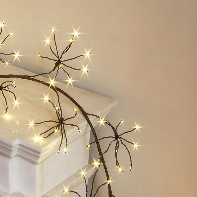 Hairui Lighted Brown Starburst Garland with Timer and Dimmer 6FT 160 LED Fairy Lights Plug in, Twig Vine with Lights for Christmas Fireplace Mantle Table Decoration Indoor Outdoor