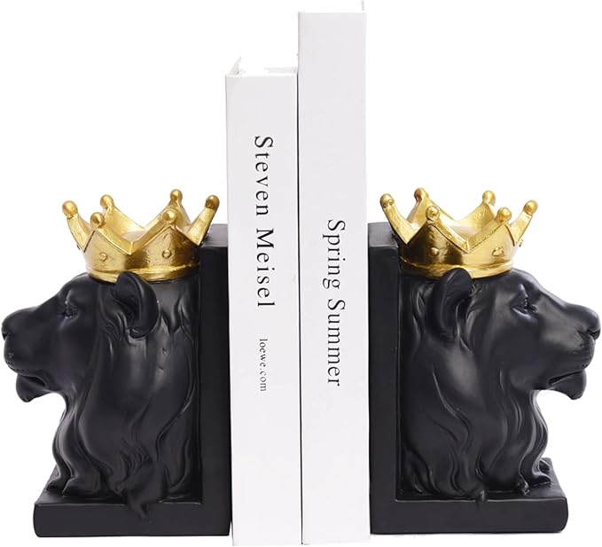 Book Ends Decorative, Lion Bookends for Shelves, Animal Book Stopper Decorative, Modern Book Ends for Heavy Books, Lion Figurines Statues Indoor, Unique Book Lover Gift(Black Lion)