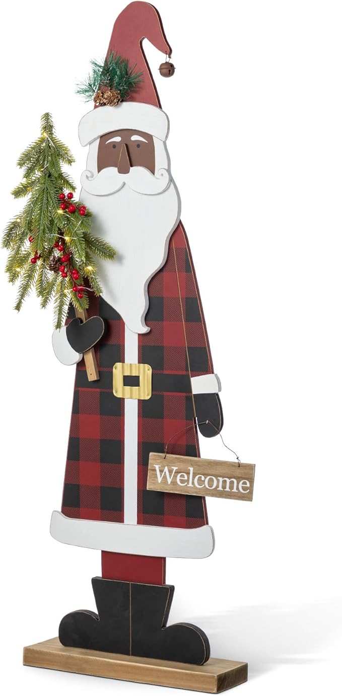 Glitzhome 36''H Lighted Wooden Africa Santa Porch Decor with Timer & LED Lights, Christmas Standing Santa Porch Sign Decor with Xmas Tree and Welcome Plaques for Front Door Outdoor Decor