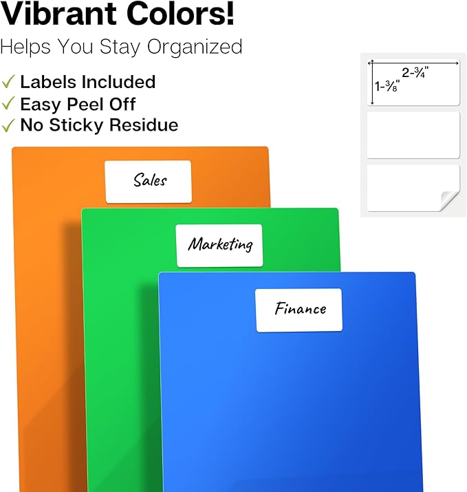 Dunwell Plastic 2-Pocket Folders (24 Pack, Assorted Colors), 8.5x11 Document Folders for School and Office, Heavy Duty Poly, Long Lasting, Includes Labels