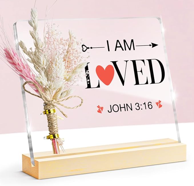 Valentines Day Gifts, John 3:16 Valentines Decorative Sign, Bouquet Acrylic Sign With Wooden Stand for Office Desk Table Shelf