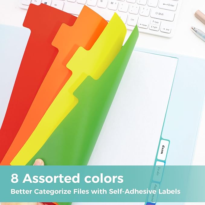 SUNEE 8 Tab Binder Dividers,Plastic Dividers for 3 Ring Binder,3 Ring Binder Dividers with Tabs for School Office Home Supplies,Bright Color, 1 Set