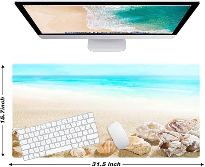 Beach and Starfish Customized Large Extended Gaming Mouse Pad with Stitched Edges and Non-Slip Rubber Base,Suitable for Office and Home Use,31.5x15.7 Inches