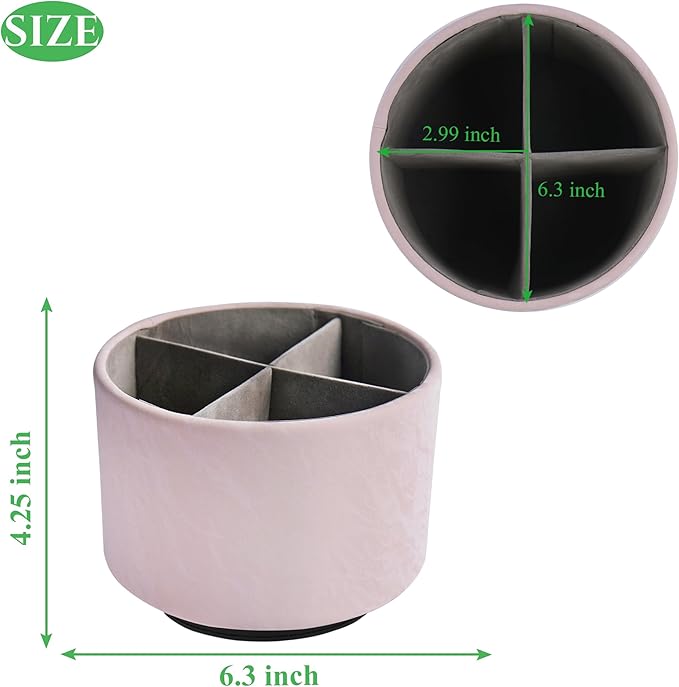 Hennaja Round Leather Art Supply Organizer,Remote Control Holder,360 Degree Spinning,Multi-Functional Pencil Holder,4 Compartments Desktop Stationary Organizer(1-Hill Pink)