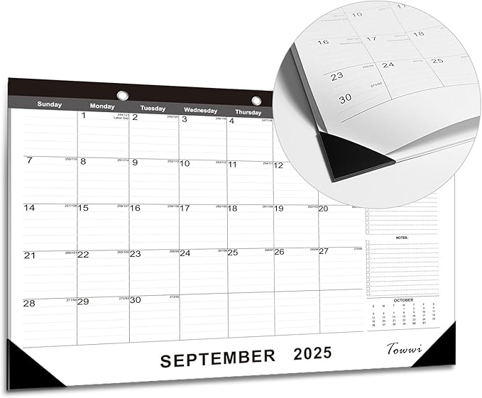 TOWWI Desk Calendar 2025-2026, Large Wall or Desktop Monthly Calendar for Daily Schedule, Office, Home - 16.7x11.6 inches (Black)