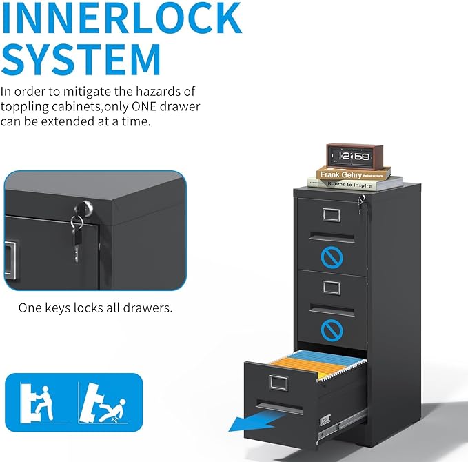 3 Drawer File Cabinet with Lock, Vertical Metal Filing Storage Cabinet for Home Office, Steel Locking File Cabinets for A4 Legal/Letter Folders,Silent Sliding Drawers, Assembly Required (Black)