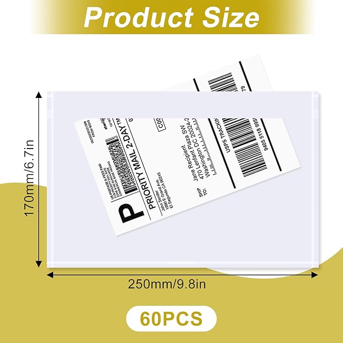 AZUREAL 60PCS Shipping Label Sleeves, 6.7" x 9.8" Packing Slip Pouches, Packing List Envelopes/Shipping Label Envelopes for Mailing, Packing List, Packaging, Protective Documents