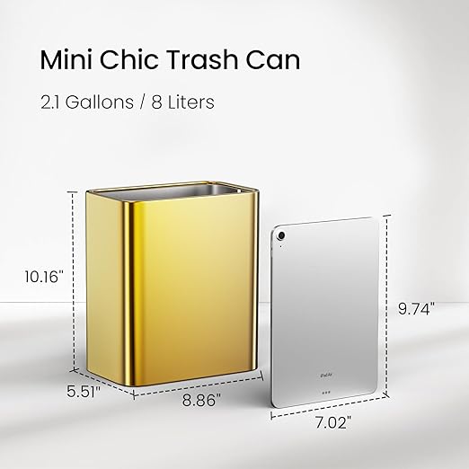 Cesun Small Bathroom Trash Can 2.1 Gallon Wastebasket, Modern Metal Garbage Can Office Waste Basket, Gold Stainless Steel Trash Bin for Bedroom, Home Office, Toilet, rv, Near Desk, Under Sink
