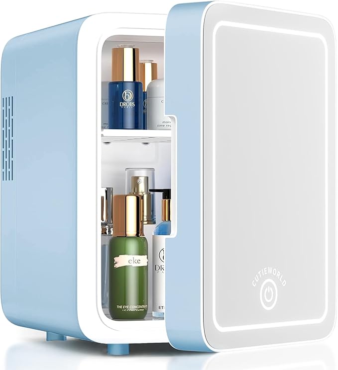 Skincare Fridge With Dimmable LED Light Mirror, 4L Makeup Mini Fridge for Bedroom, Car, Office & Dorm, Cooler & Warmer, Portable Small Refrigerator for Cosmetics, Skin Care and Food, Blue