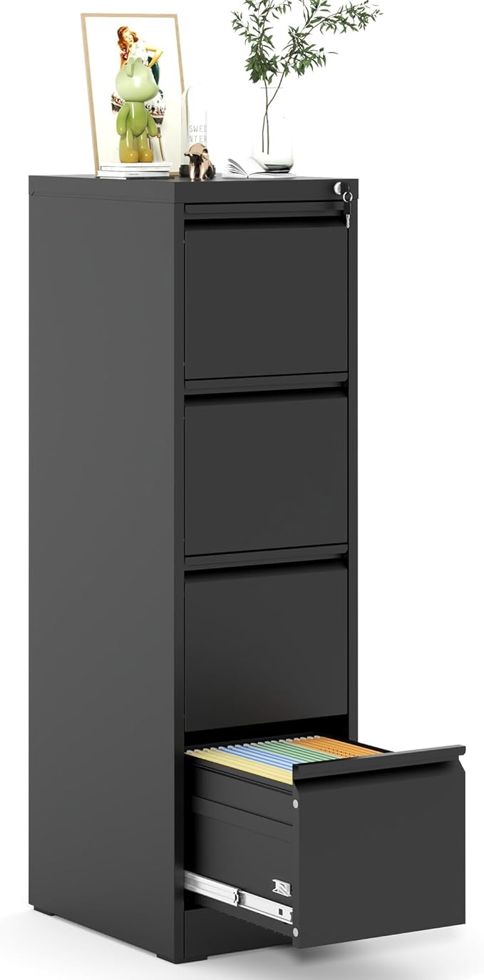 Metal File Cabinet 4 Drawers, Vertical Filing Cabinet for Home Office, File Cabinets with Lock for Legal Letter Size Hanging File Folders Storage Cabinet, (Black)