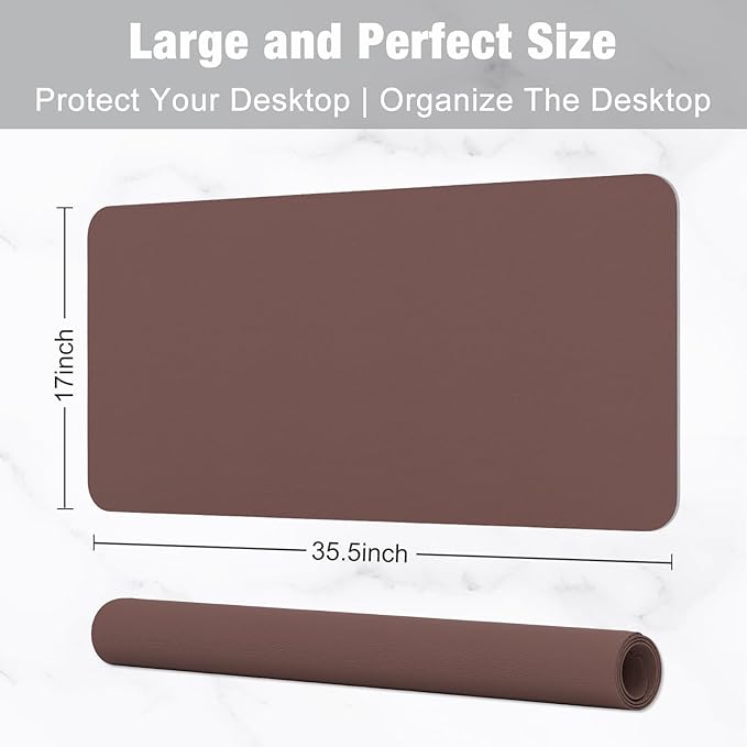 Hsurbtra Desk Pad, 35.5" x 17" PU Leather Desk Mat, XXL Extended Mouse Pad, Waterproof Desktop Blotter Protector, Non-Slip Ultra Thin Large Laptop Keyboard Writing Mat for Office Home, Dark Oak
