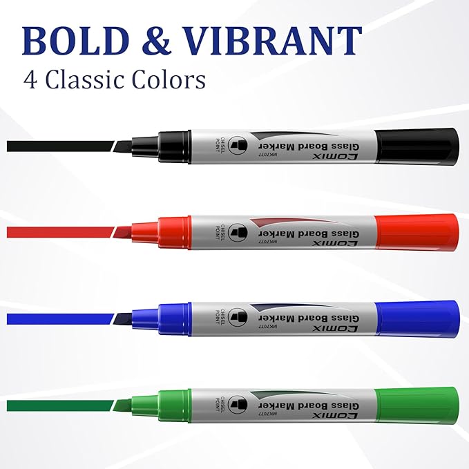 Comix Glass Board Dry Erase Markers, Low Odor Whiteboard Markers, Chisel Tip, 4 Assorted Colors, 12 Pack