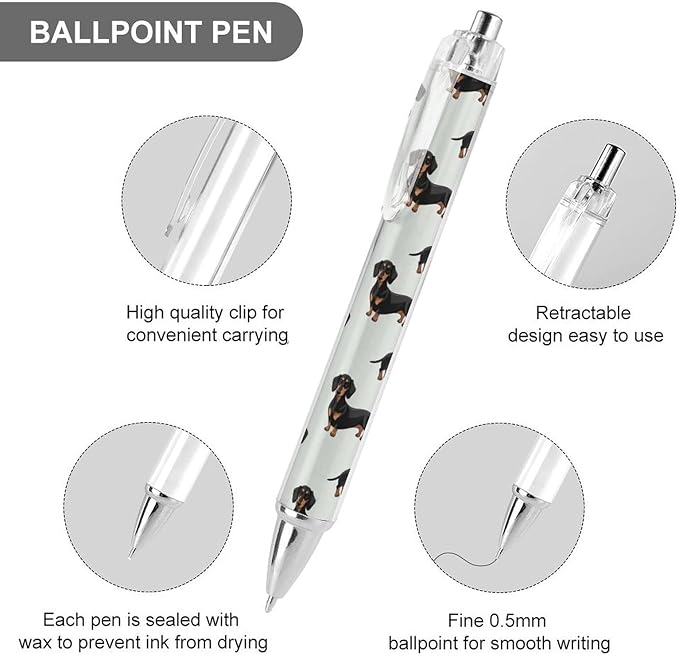 2 Pcs Ballpoint Pens for Men Women, Doxie Dachshund Weiner Dog Pet Dogs Writing Pens 0.5mm Retractable Pen with Black Ink Office Desk Stationary Supplies